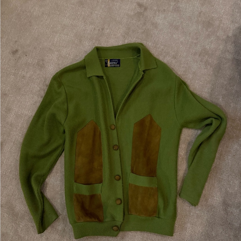 Vintage 60s Green Cardigan with Brown Suede Pockets Costum / Kermit Costume